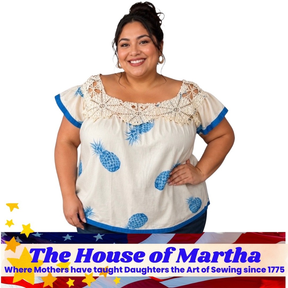 Boho‎ 2X Crochet & Pineapple Print Blouse Blue Cream Short Sleeve Top Plus Size